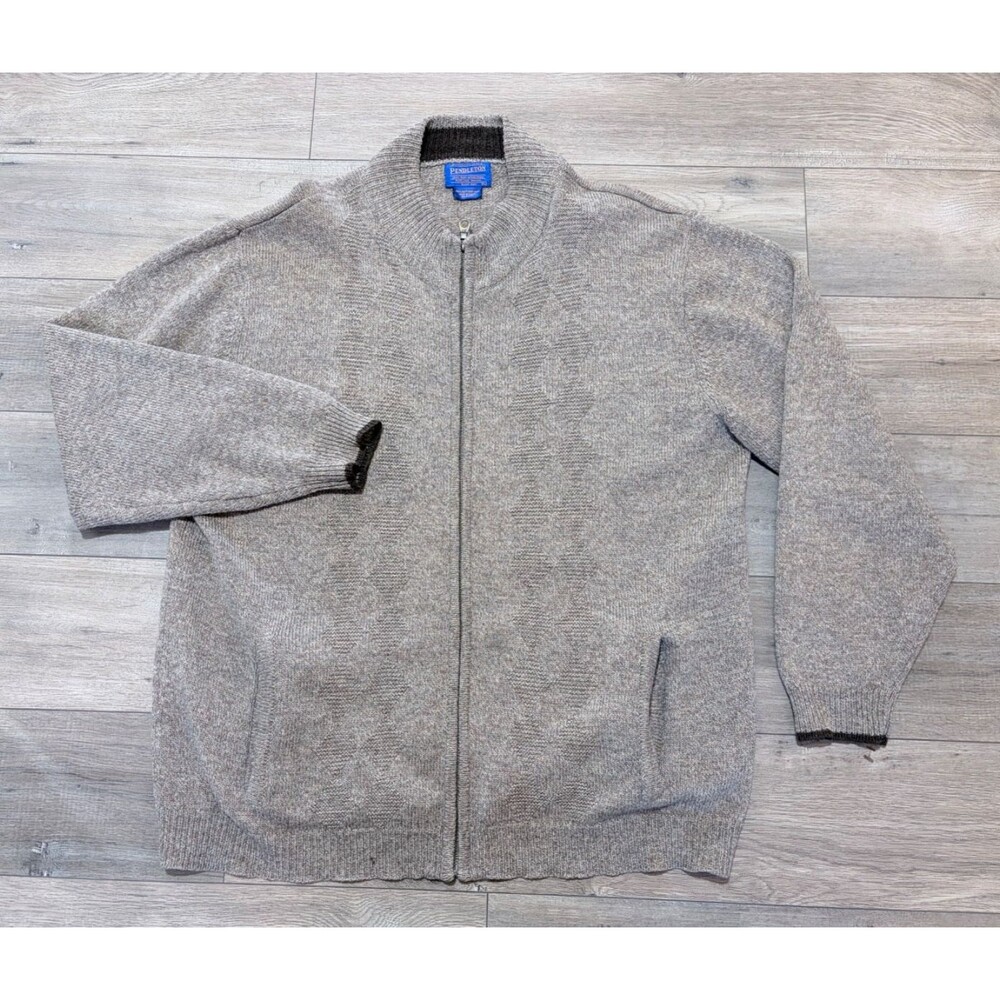 Pendleton Shetland Wool Sweater Mens XL Diamond Full Zip Mock Neck Pockets Camel